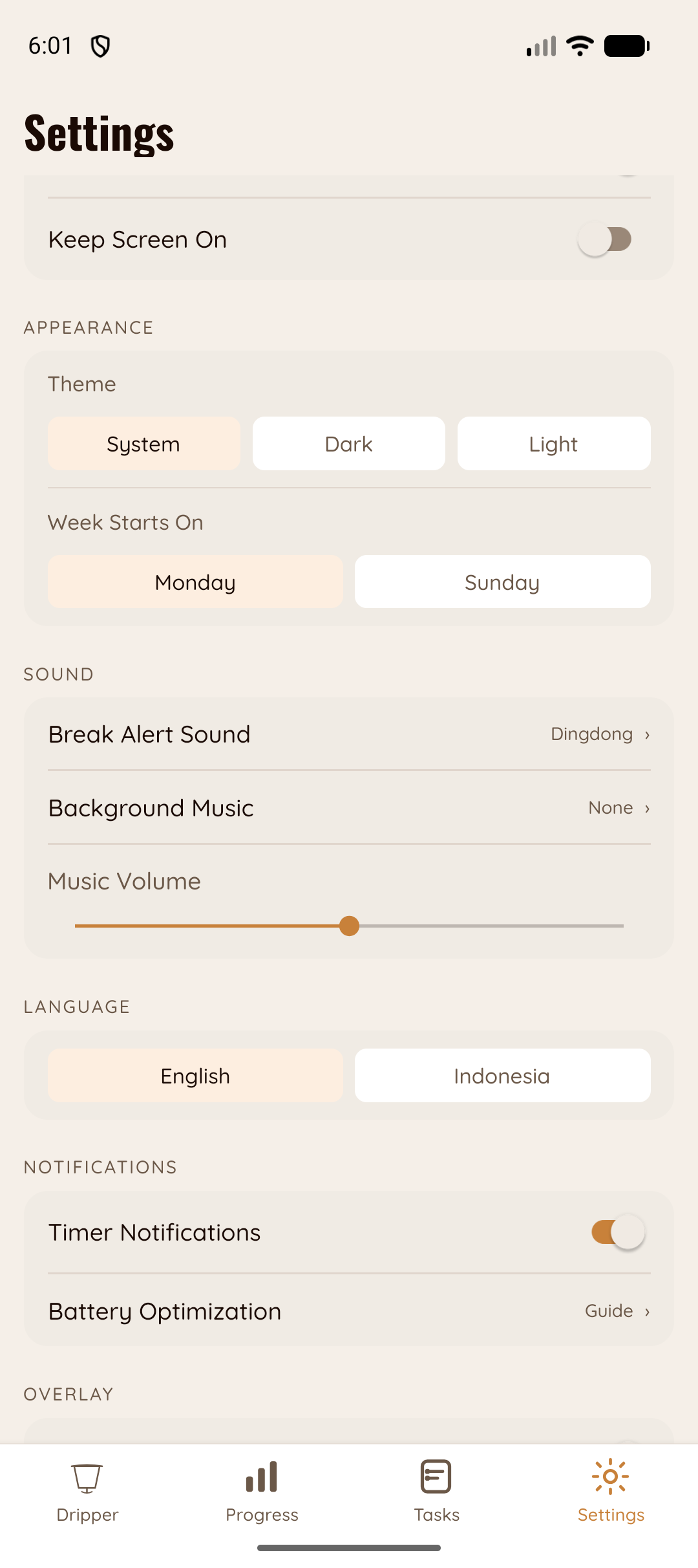 Settings screen